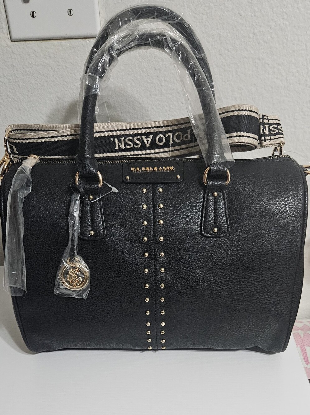 U.S. Polo Assn. Black Satchel with Gold Studs and Branded Strap
